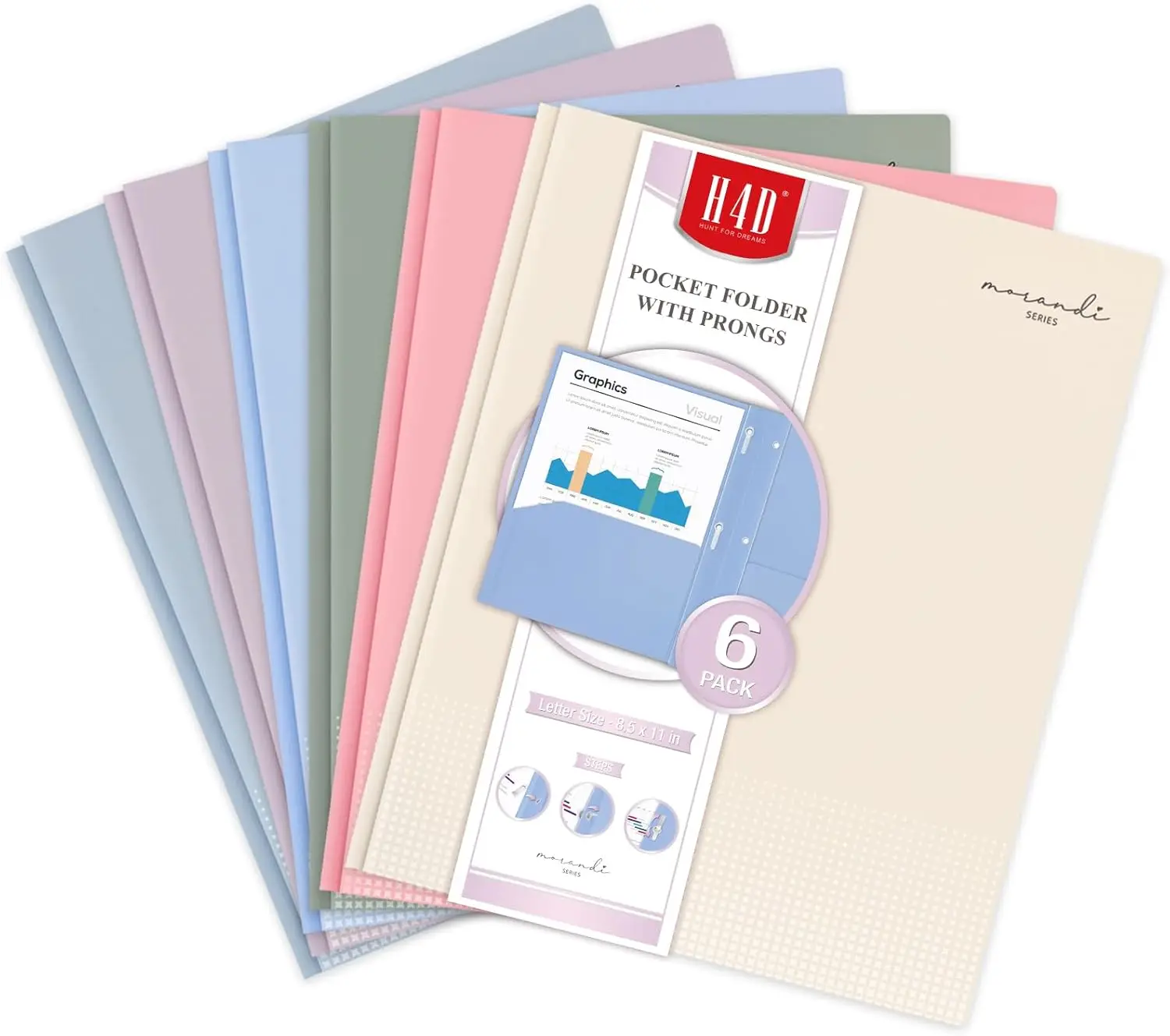 

2 Pocket Folders with Prongs, Letter Size, Pastel Colors, 6 Pack for School or Office