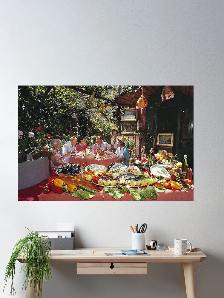Slim Aarons Lunch At La Pigna, Italy, Estate Edition, Mid-Century Modern Photograph Print Canvas Poster, Home Wall Decor Picture