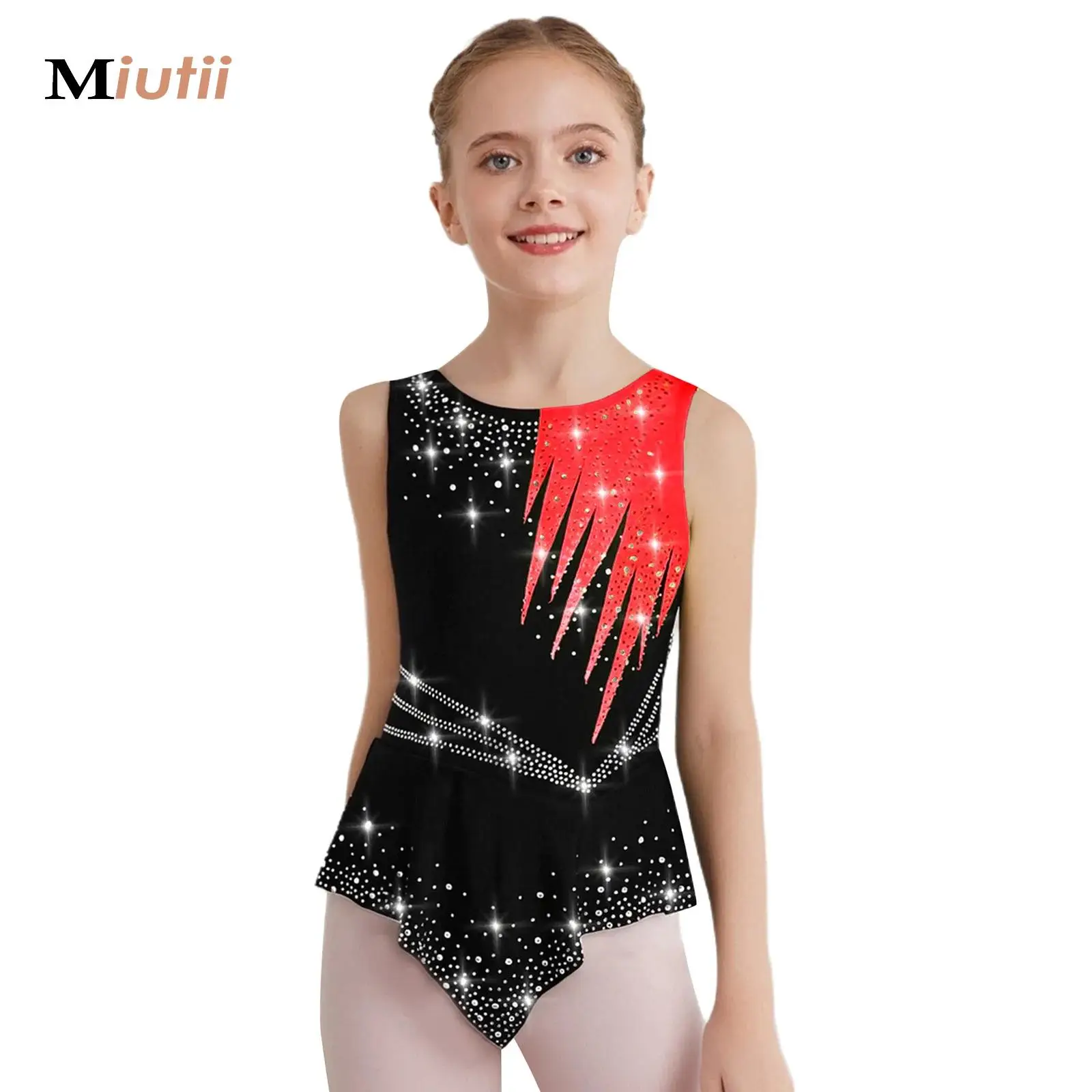 

Girls Rhinestone Contrast Color Bodysuit Figure Skating Performance Costume Gymnastics Skirted Leotard Dress Ballet Dancewear