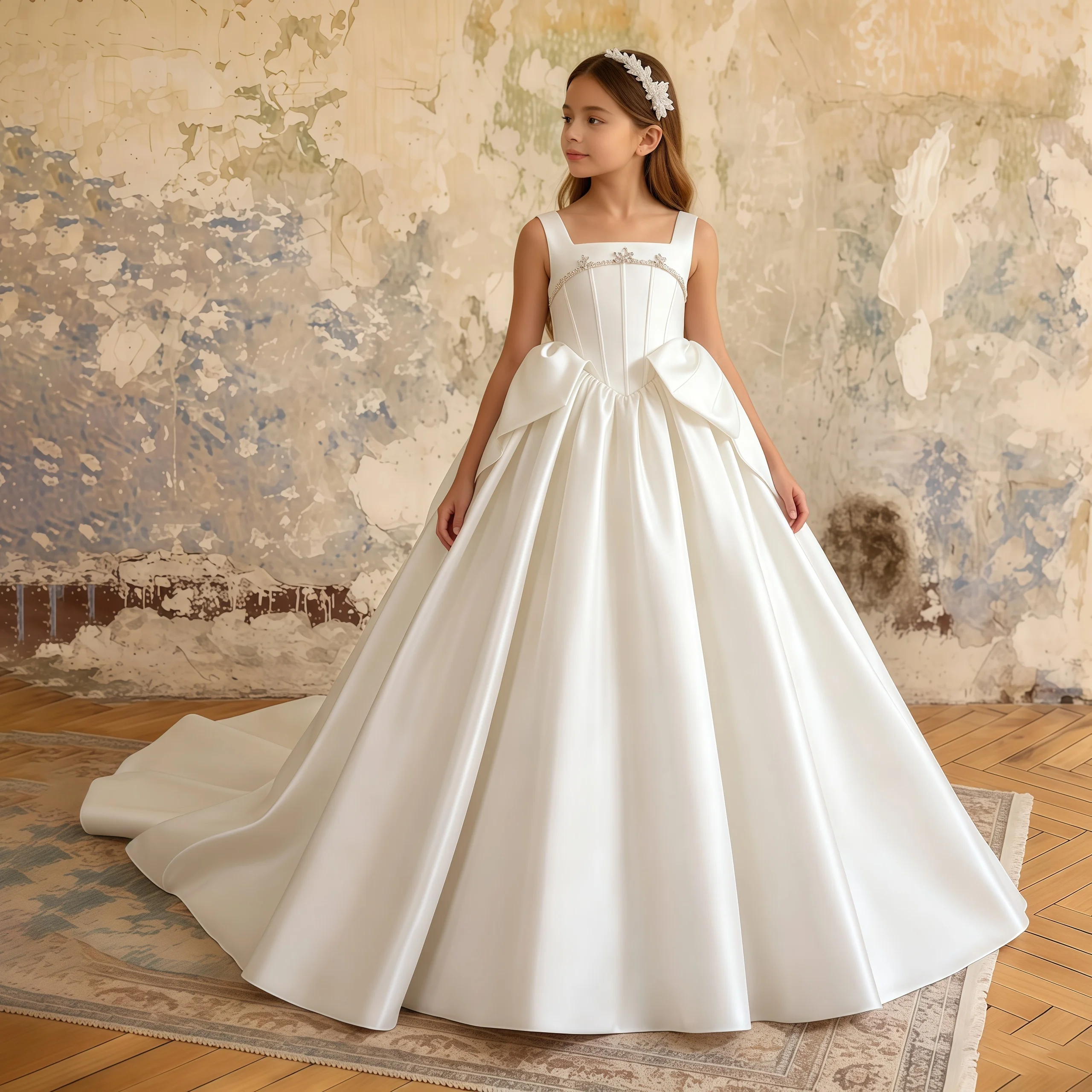 Elegant Baptism Bridesmaids Party Girls Dress Formal Bow Wedding Princess Evening Dresses for Girl Graduation Ceremony Prom Gown