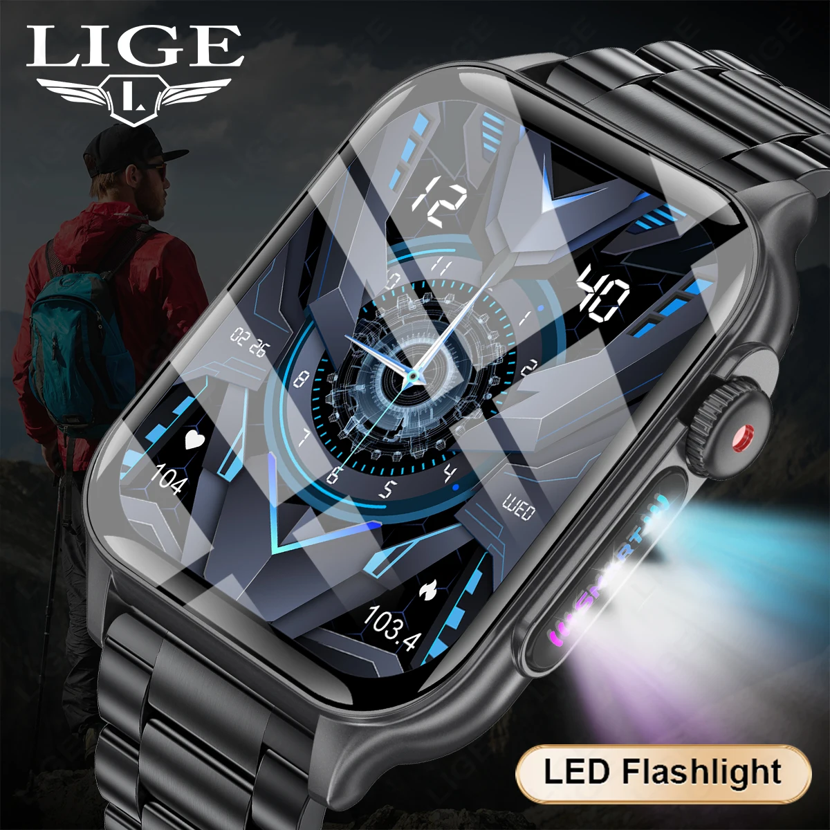 LIGE 1.96\'\' HD Screen Men Smart Watch LED Flashlight Outdoor Sport Smartwatch Heart Rate Alarm Function Health Bracelet 2024 New