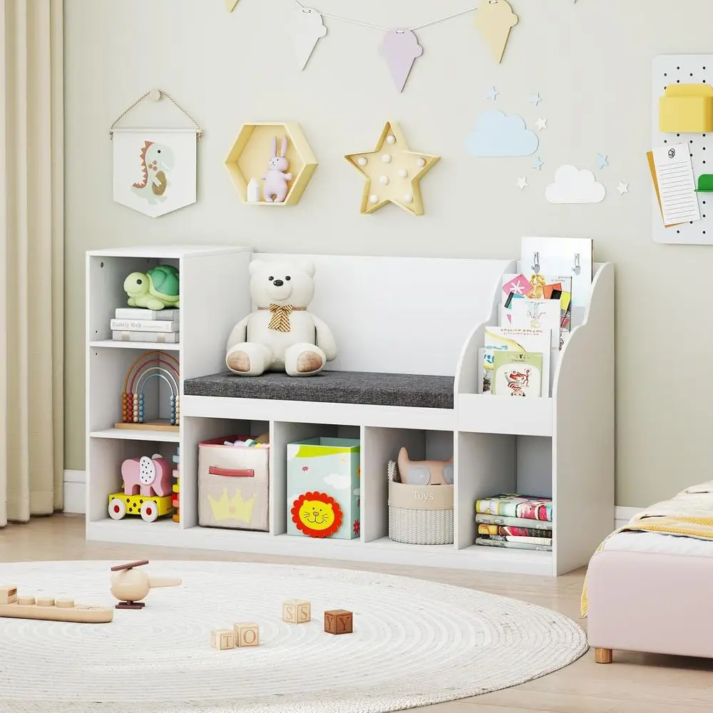 

53.5 Children's Bookshelf with Reading Nook, 3-in-1 Storage Organizer, Seat Cushion, 7 Cubbies, Adjustable Shelves, Ideal for Ki