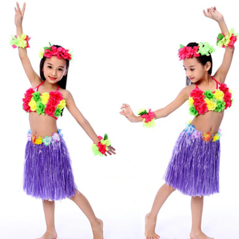 5 Pcs Hula Dance Costume Elastic Waistband Adjustable Tropical Theme Party Hawaiian Luau Grass Skirt Set Costumes Accessories