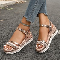 Plus Size Fashion Rivet Decor Wedge Sandals Women Gold Ankle Strap Platform Sandals for Woman Summer Thick Sole Roman Sandalias
