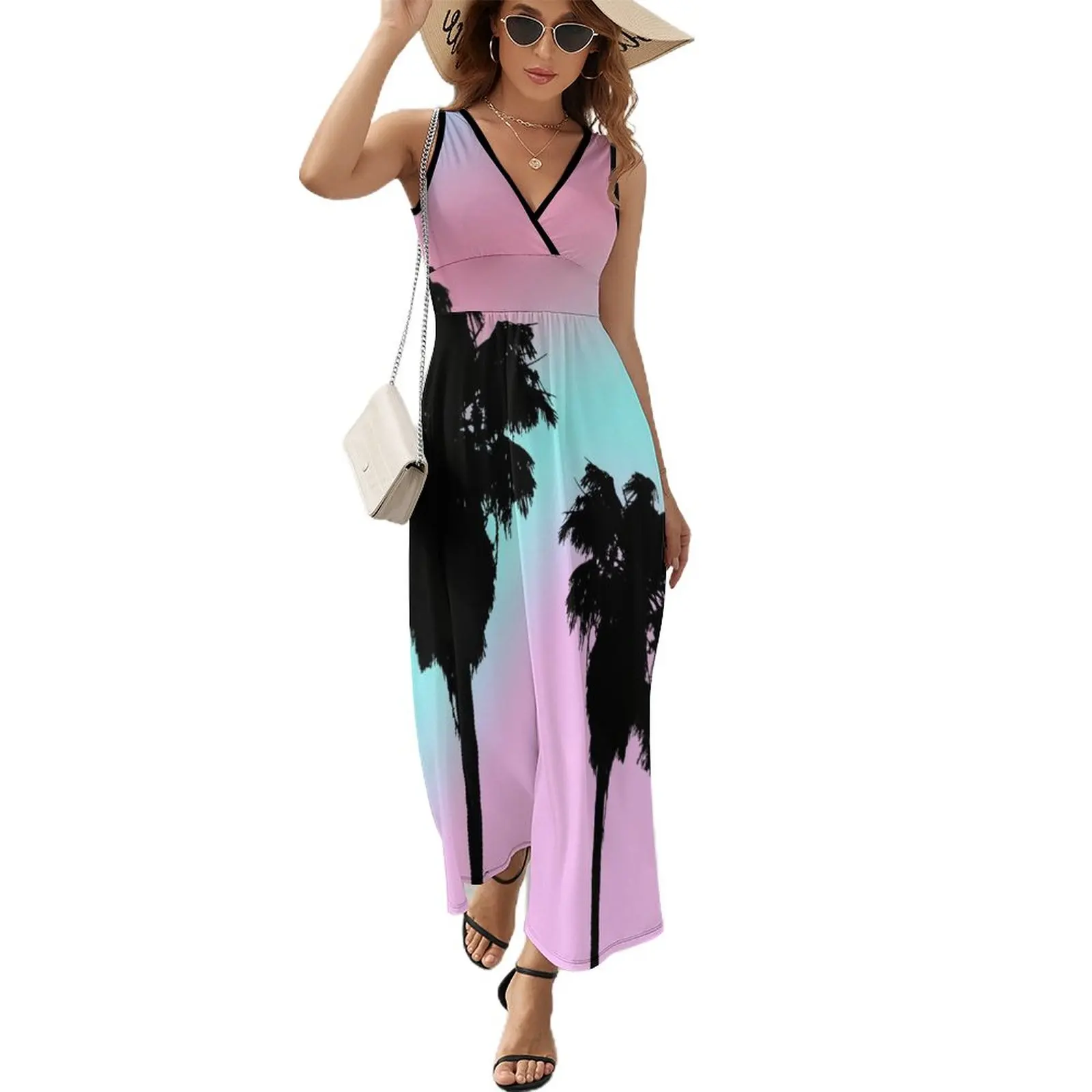 

Pastel Sunset Palm Trees Sleeveless Dress sexy dress dresses summer Elegant gown