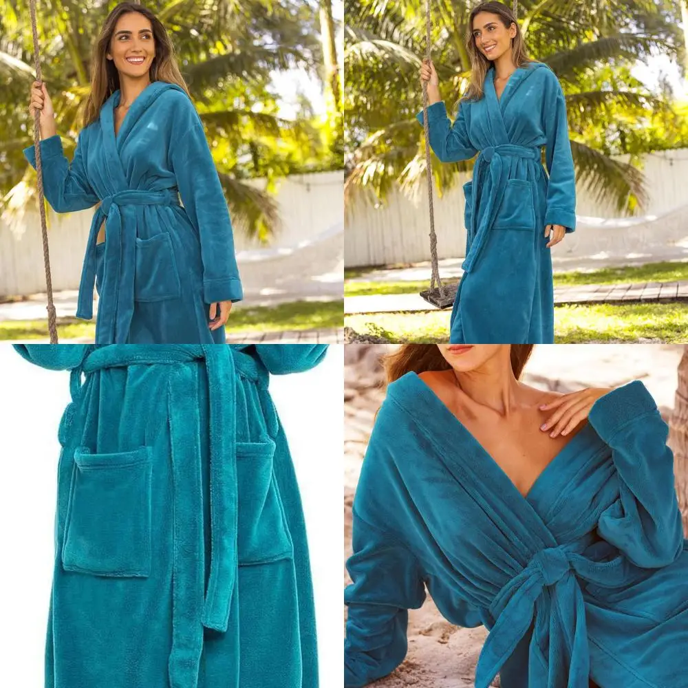 

Hooded Plush Women's Bathrobe, Long Plus Size Robe with Hood