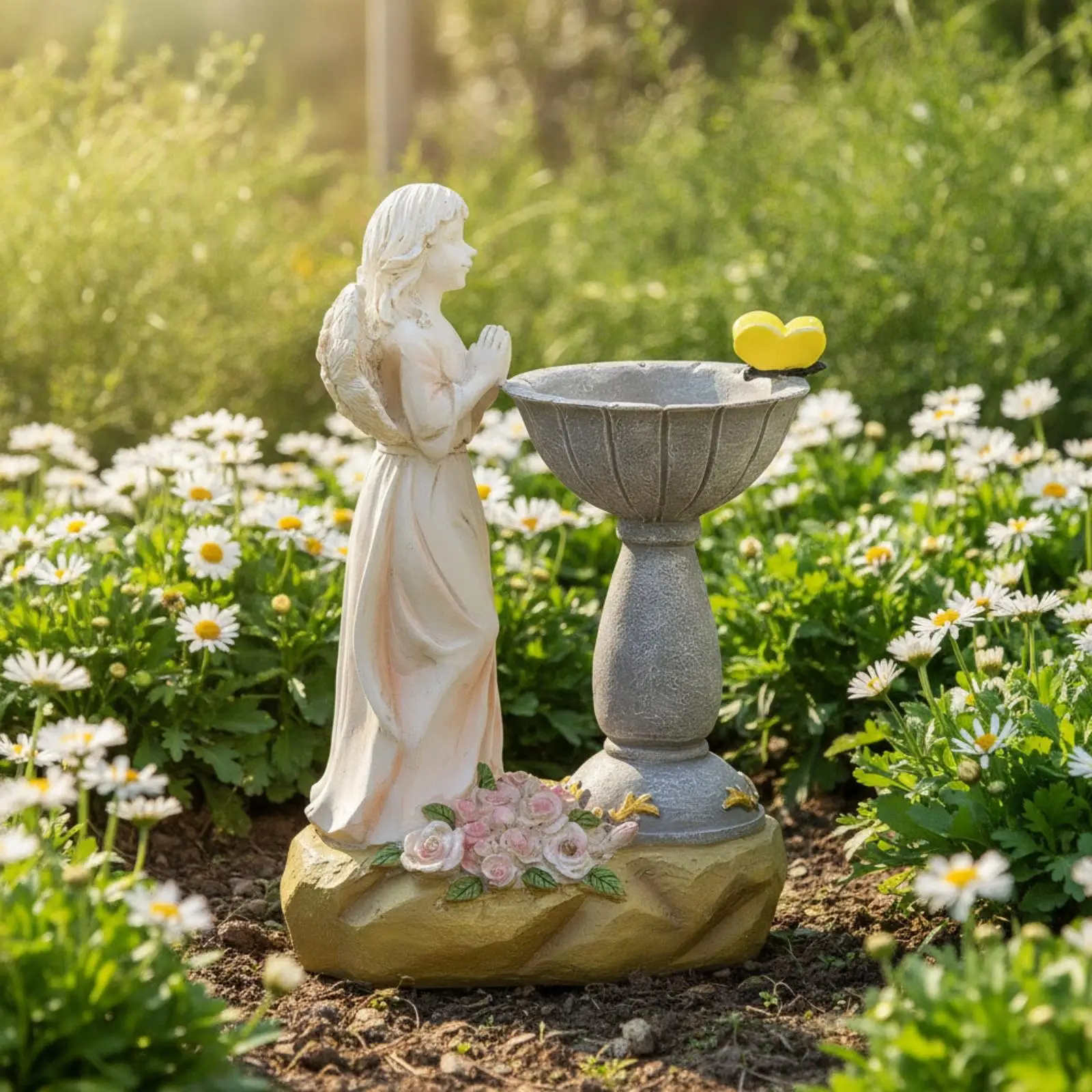 Resin Garden Angel Figure with Solar Illumination and Planter Bowl for Courtyard Outdoor Decor Artwork