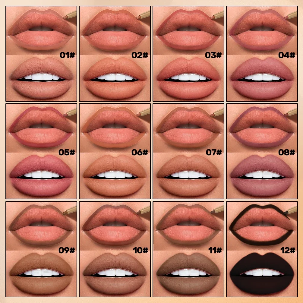 QIBEST Matita per labbra e pennello a doppia estremità Nebbia Velluto opaco Contorno Tinta 2 in 1 Matita per rossetto Durata Trucco naturale marrone nudo