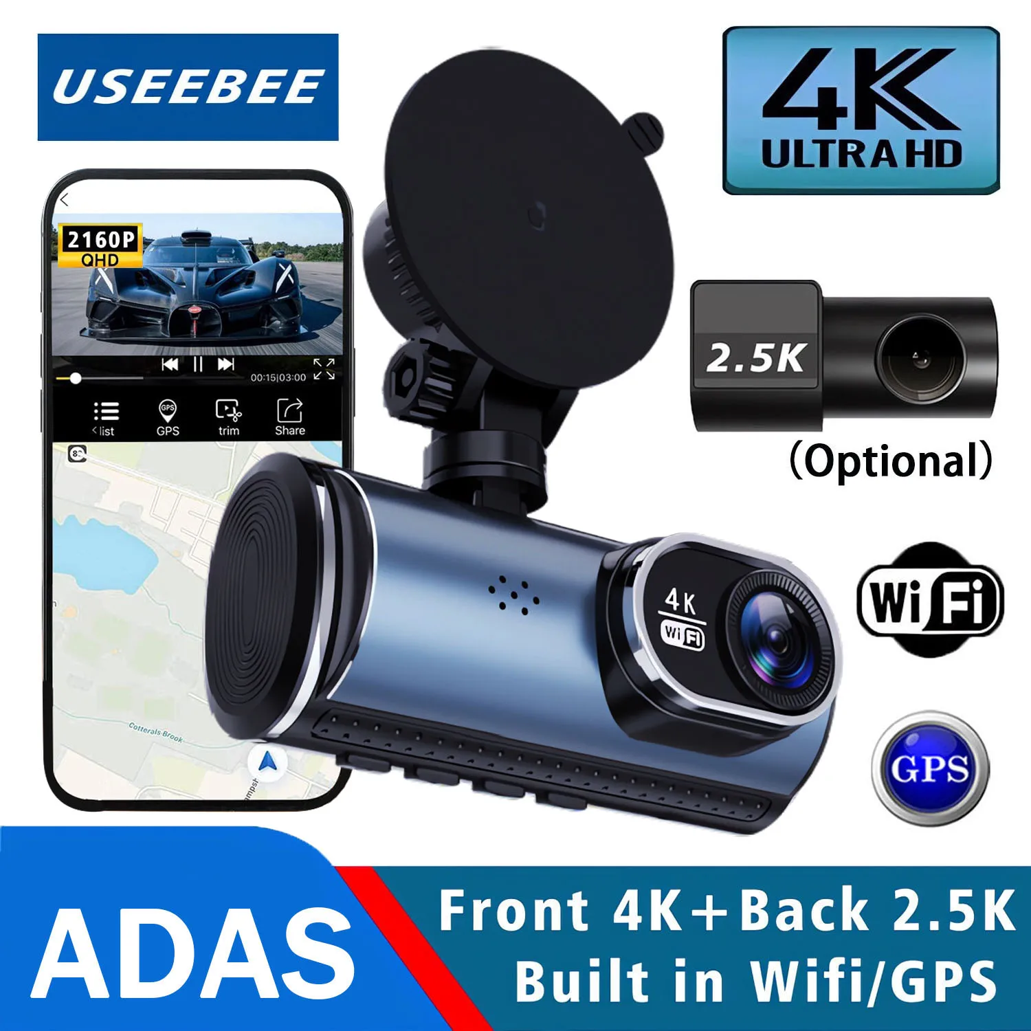 UHD 4K 2160P AI Driver Assistance Dash Cam Dual Lens ADAS WIFI GPS Mini Car DVR 2.5K Rear Camera Video Drive Recorder Dashcam