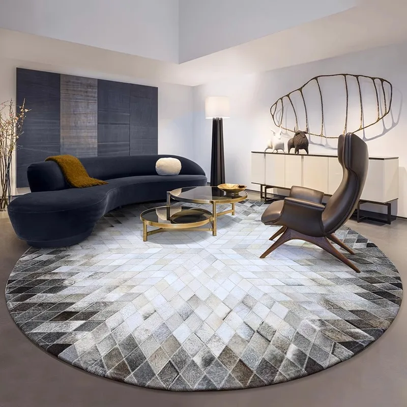 Grey Geometric Real Cowhide Round Carpet Handmade Real Cowhide Rugs Living Room Home Soft Cow Skin Fur Bedroom Floor Mat Modern