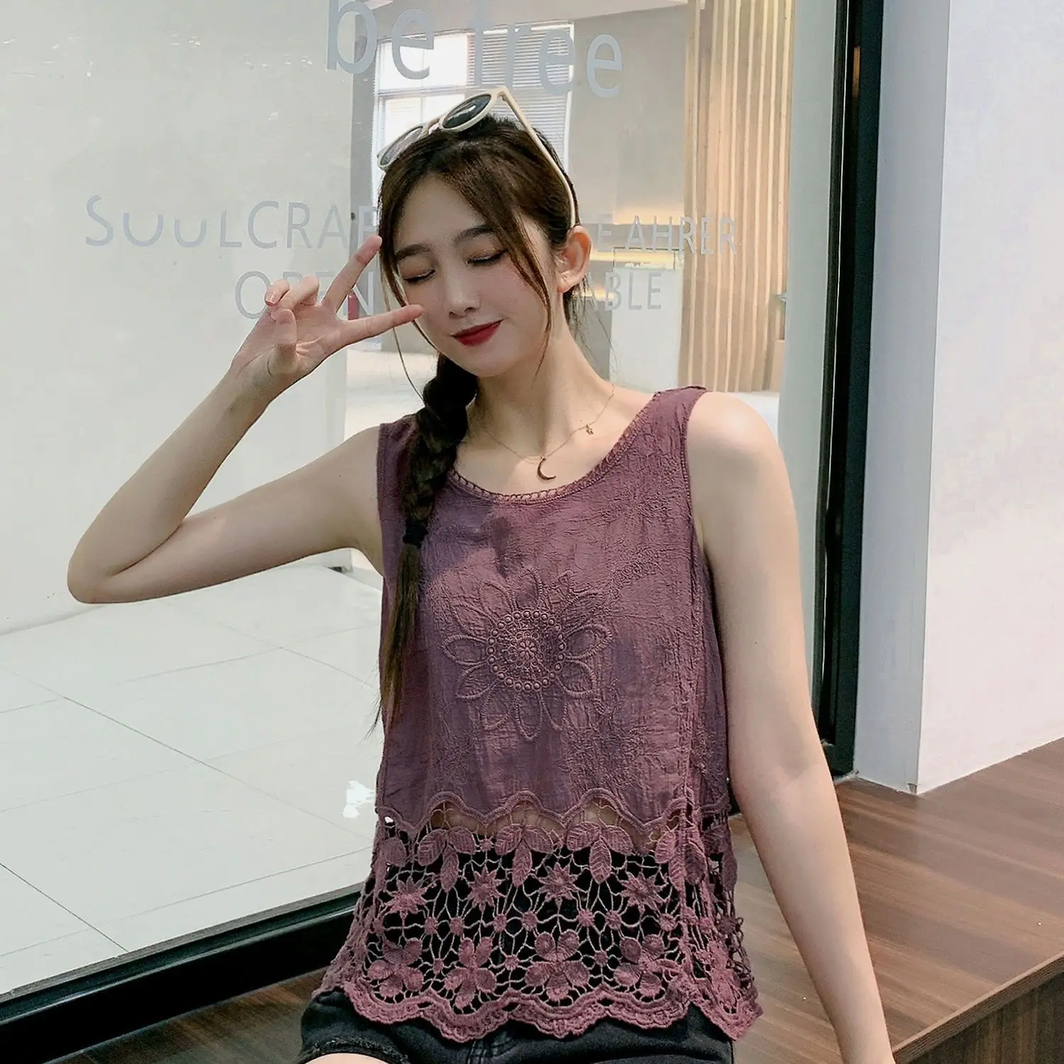 Summer Womens Cotton Embroidered Flower Hollow Tank Top