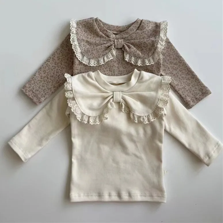 Baby Undershirt Spring and Autumn Baby Lace Bow Turn-down Collar Bottom Shirt for Girls Baby Princess Long Sleeve Top