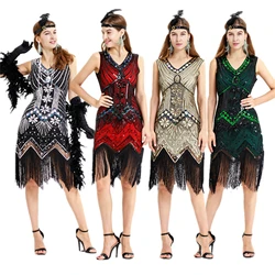 Vintage 1920s Flapper V-neck Double Tassel Dress Great Gatsby Cosplay Costume Cocktail Party Charleston Dance Sequin Stud Dress