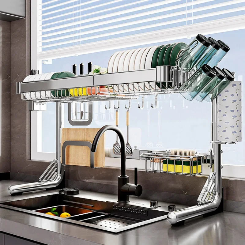 

Stainless Steel Kitchen Sink Storage Rack Tabletop Multi Function Dish Drain Shelf Household Sink Upper Dish Storage