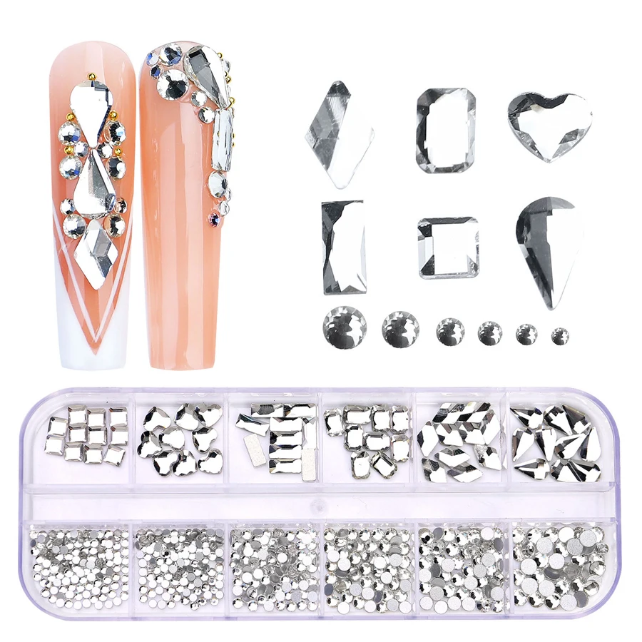 12-Fächer-Box mit mehrfarbigen Flachrücken-Strasssteinen, Kristall-Edelsteinen, 3D-Glitzer-Nagelkunst-Dekorationen, luxuriöse Nagelkunst-Zubehörteile – Detail 7