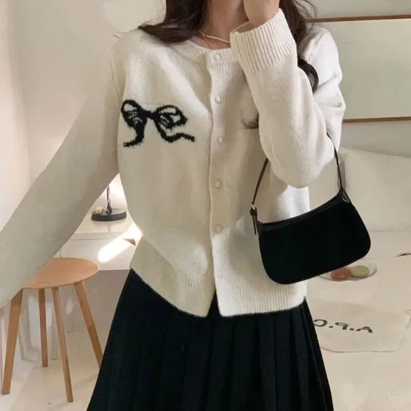 Cardigan Korea Chic Bow Embroidery Knitted Cardigans Fashion Single Breasted O-neck Sweater Knitwear Coat  2024 Spring Autumn