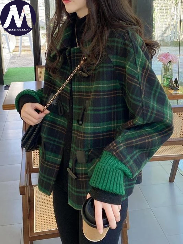 เสื้อแจ็คเก็ตสตรีฤดูใบไม้ร่วงฤดูหนาวใหม่ Elegant ตาราง DOLMAN แขนผ้าขนสัตว์ชนิดหนึ่งเสื้อขนสัตว์เกาหลีแฟชั่น Casual หลวมเสื้อแจ็คเก็ตสั้น