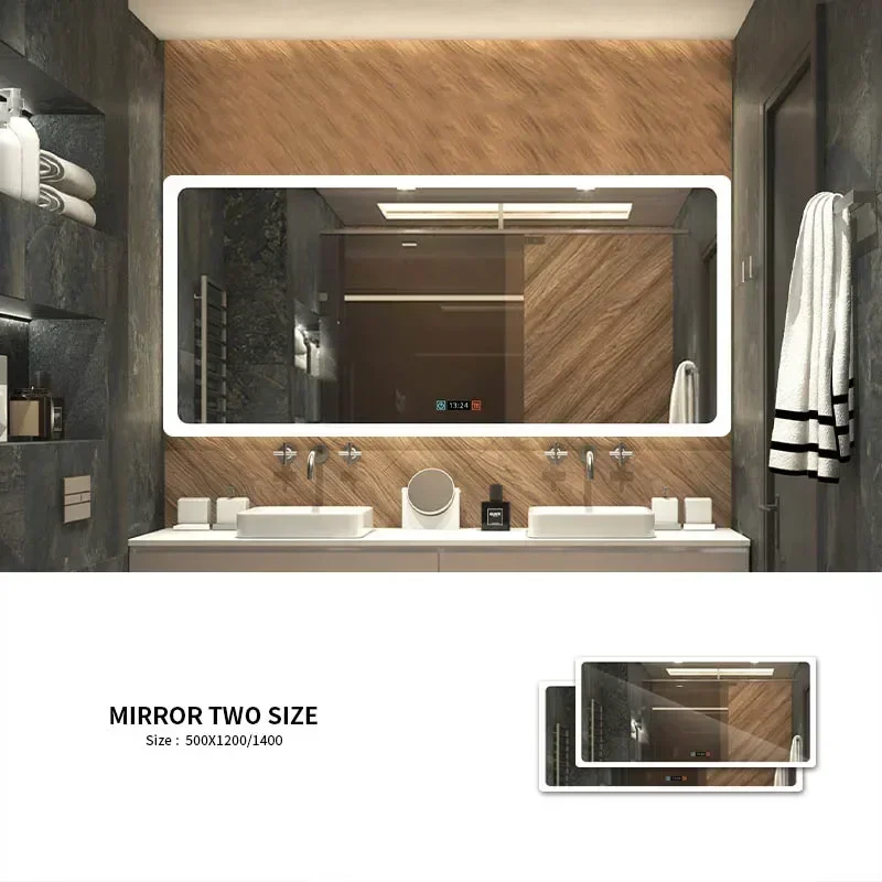Cheap And Fine Modern Style Rectangular Time Display Mirror Bathroom Customized LED Backlit Defogger Smart MirrorHot Sales