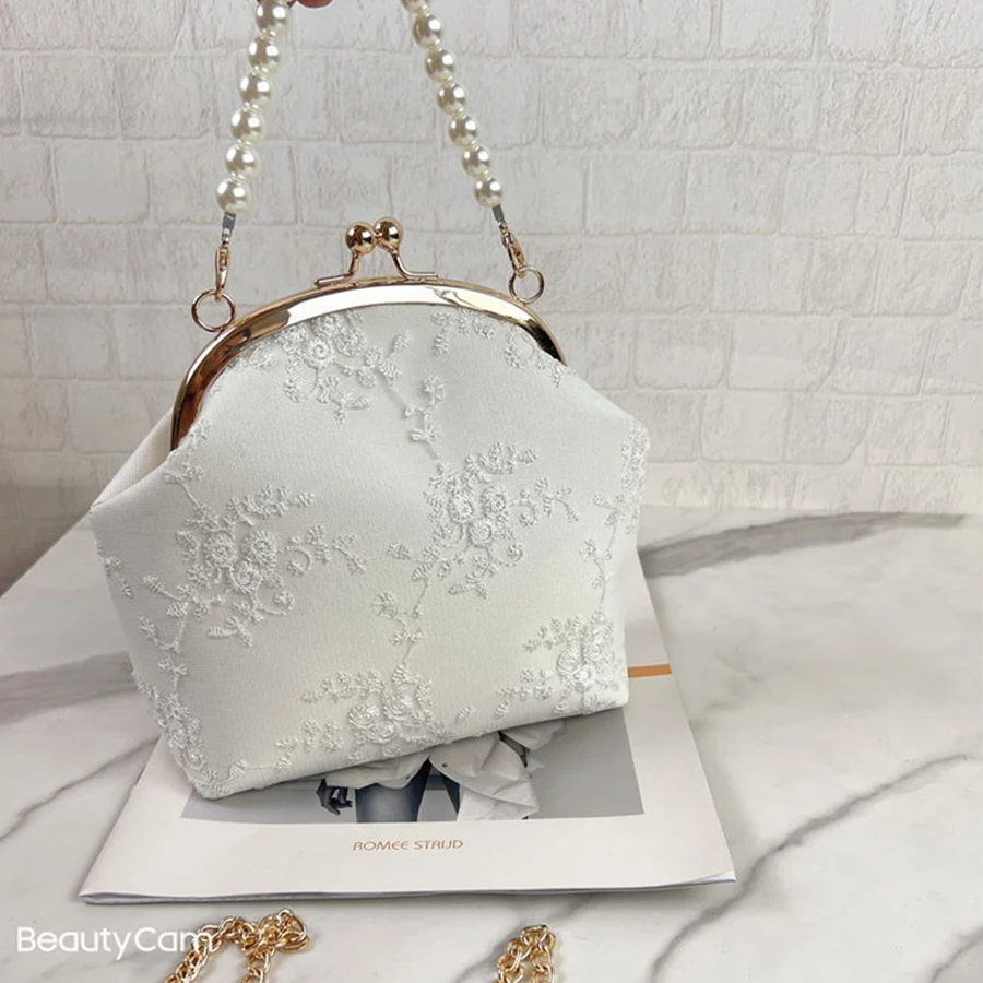 Retro Crossbody Bags for Women Vintage Lace Pearl Chains Ladies Small Square Shoulder Bag Female Clutch Purse Handbags Sac Femme