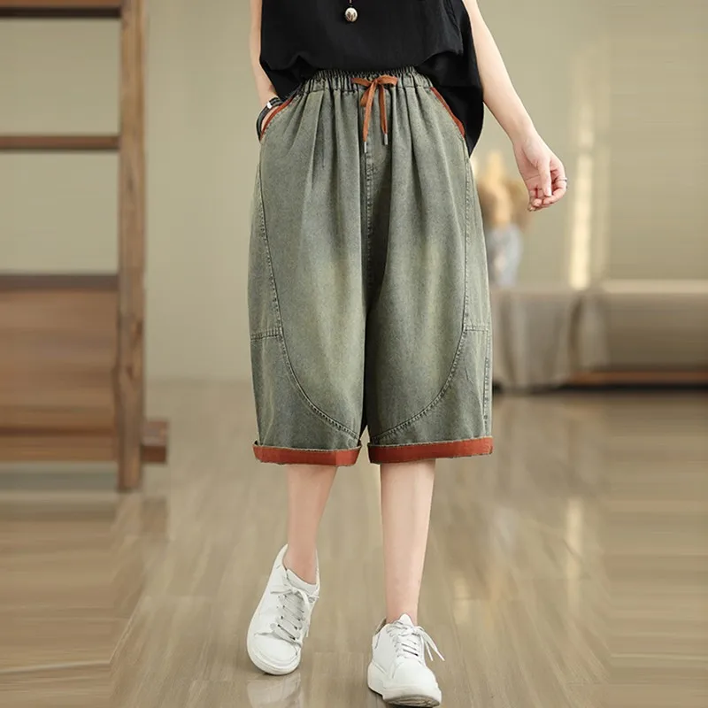 

Women Summer Casual Jeans New Arrival 2024 Vintage Style Solid Color Basics Loose Female Knee Length Denim Pants W1842