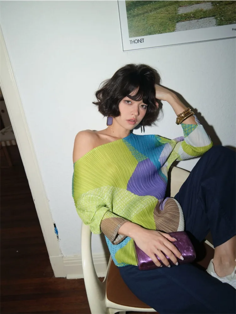 Luxury Design Patchwork Pleated T-Shirts Women Spring Summer Tops Office Lady Outerwear Brand 3/4 Sleeve Tees Tredny Harajuku