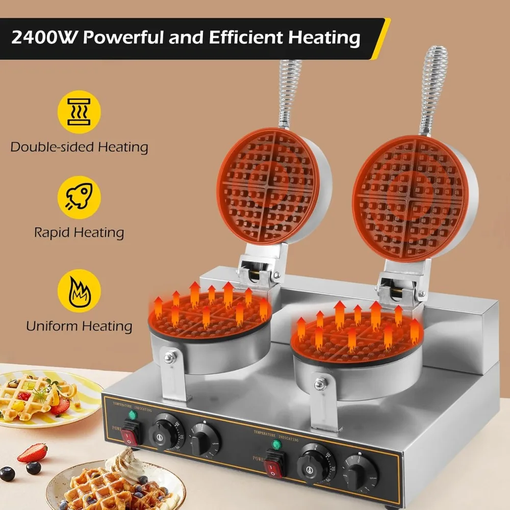 Commercial Waffle Maker Double Heads Waffle Maker Machine 110V 2400W Non-stick Round Waffle Iron Maker