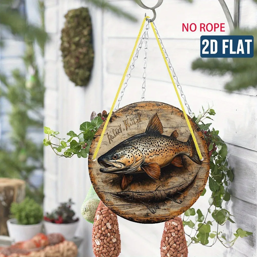 ديكور حائط معدني مسطح ثنائي الأبعاد لصيد الأسماك - فن سمك السلمون المرقط البني - لافتة ألومنيوم مقاومة للماء والغبار - سهلة التعليق
