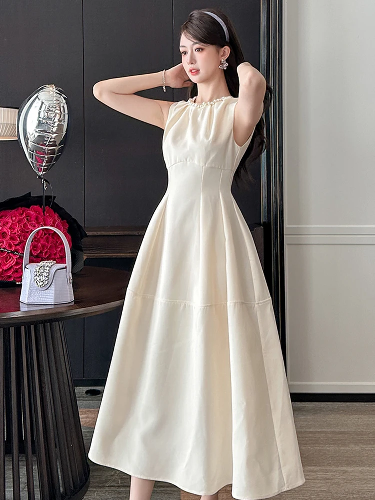 Elegante mode klassieke avondjurk voor vrouwen zoete verjaardag parel geplooid lang gewaad dame vest feestkleding banket vestidos