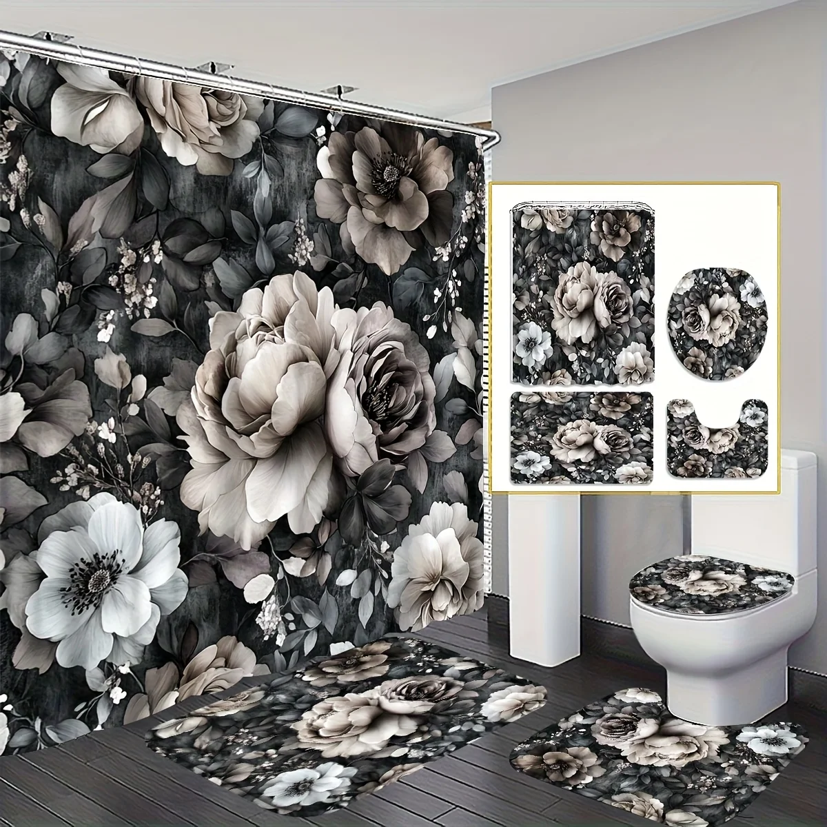 

4pc Retro floral and plant pattern bathroom set, including shower curtain, non-slip mat, toilet seat cover, and non-slip mat.