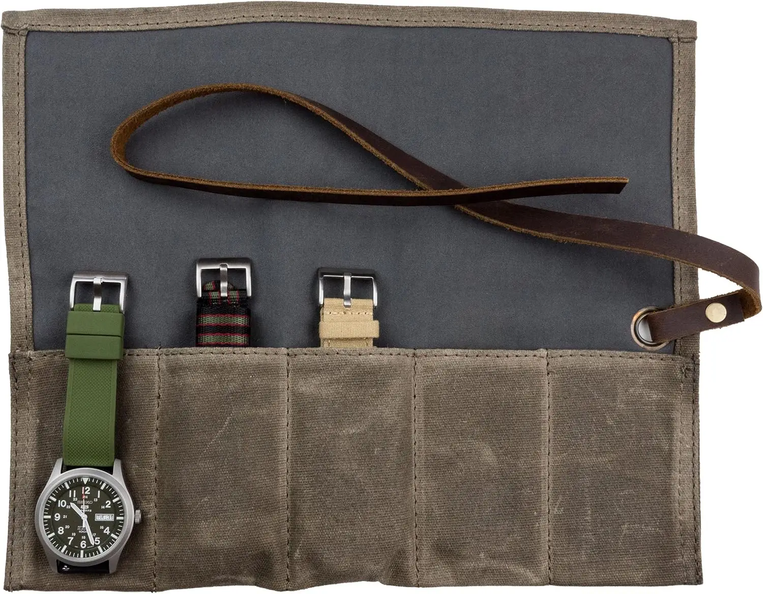 

Canvas Watch Roll Travel Case - Water-Resistant Waxed Canvas, Holds 5 Watches & Bands for Home or Travel