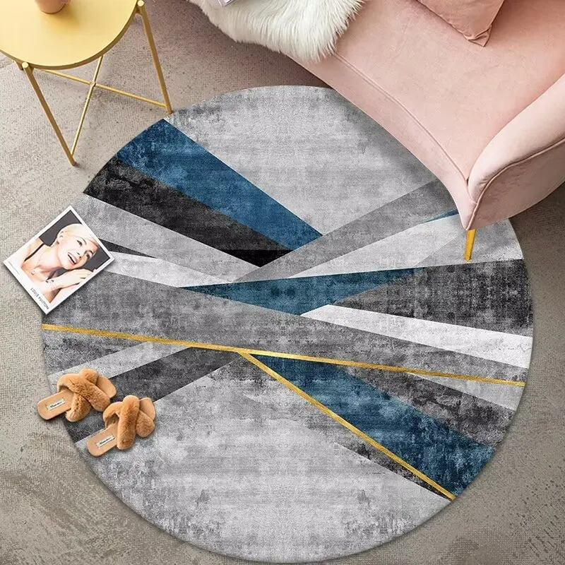 European Style Round Geometric Rugs for Living Room Decor Bedside Soft Rug Non-slip Bedroom Carpet Grey Computer Chair Floor Mat