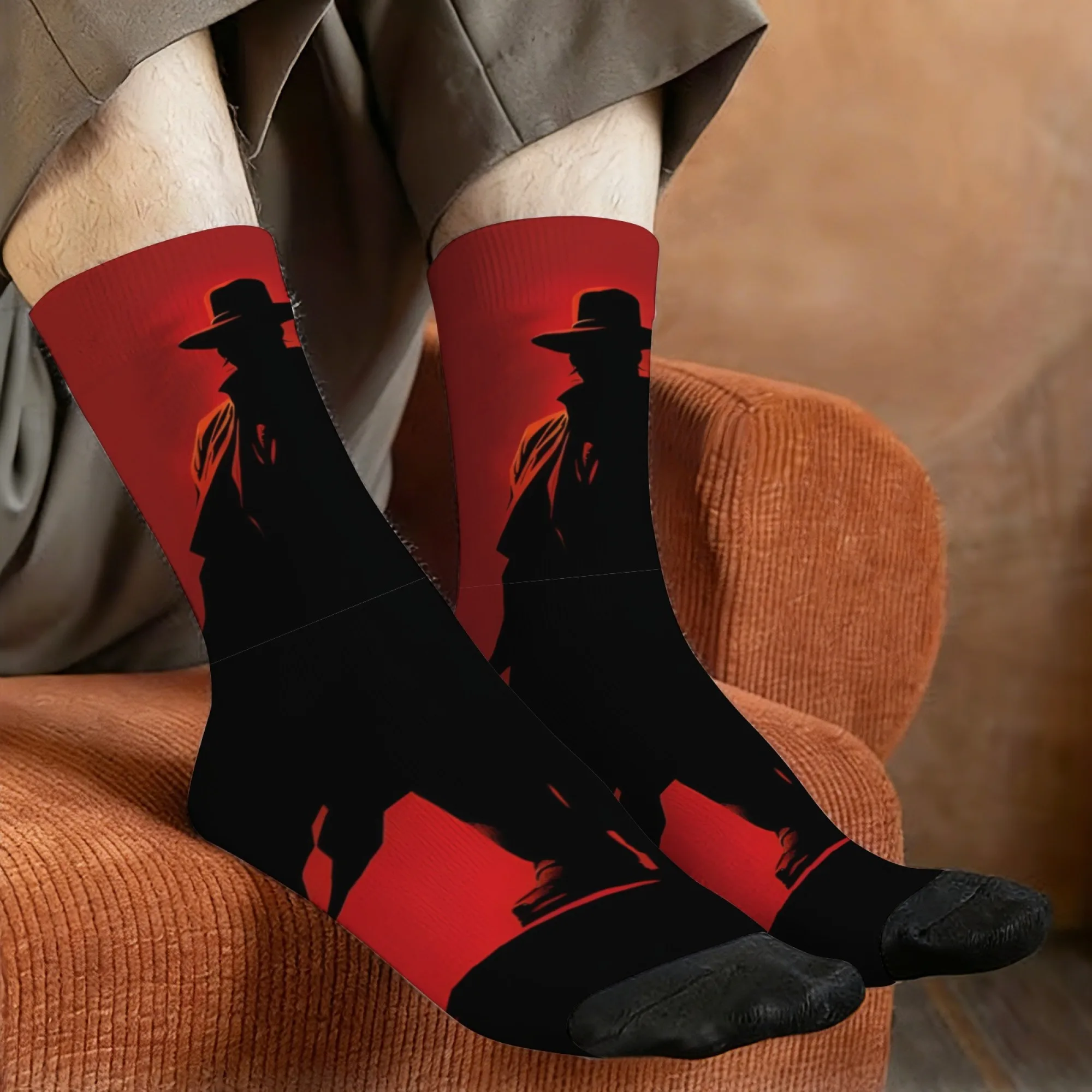 

Винтажные носки Noir Detective Silhouette Crew, красные и черные носки с шпионским принтом, подарок для любителей ретро-насаспенс и любителей темного стиля