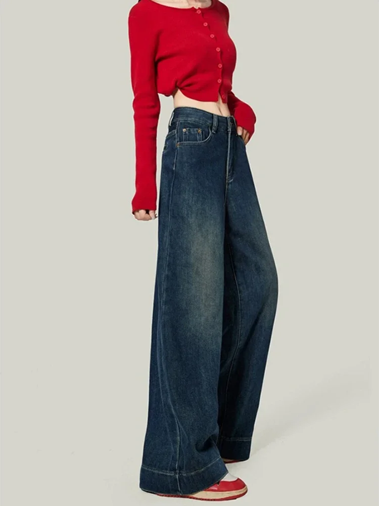 New Slim Fashion Woman Jeans New Retro Blue High Waist Women Jeans Blue Street Casual Loose Wide Leg Pants Female Chicly