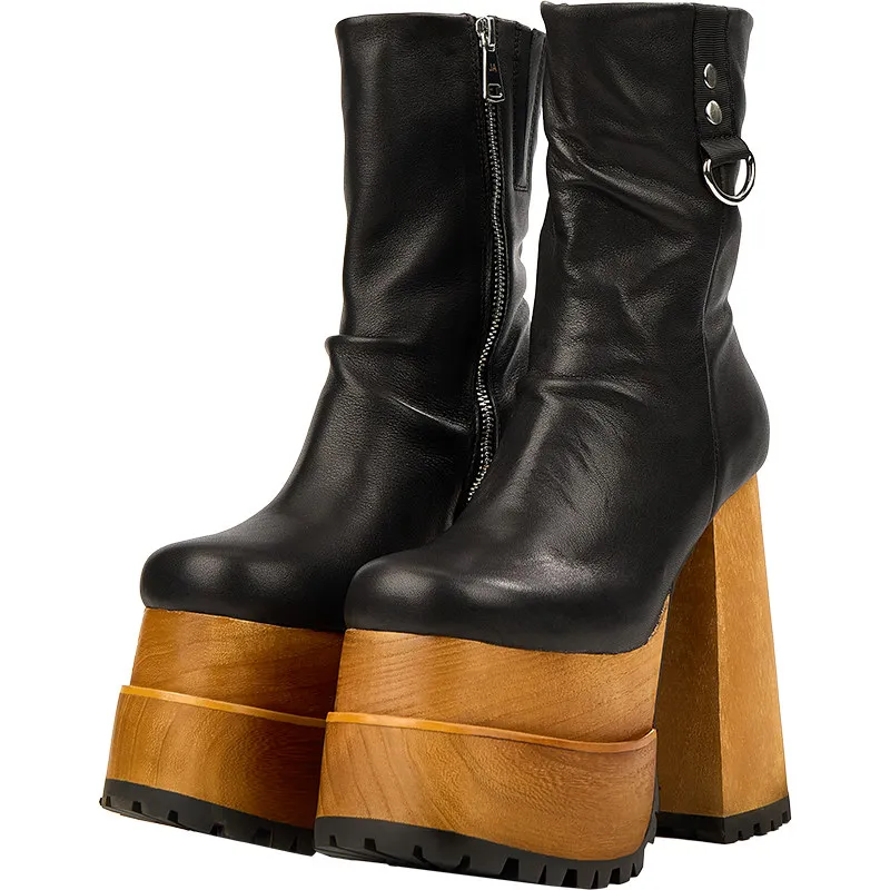 

Европейские/Американские черные модные ботинки на деревянной платформе для женщин, уличные супервысокие каблуки, толстый каблук, ботинки до середины икры