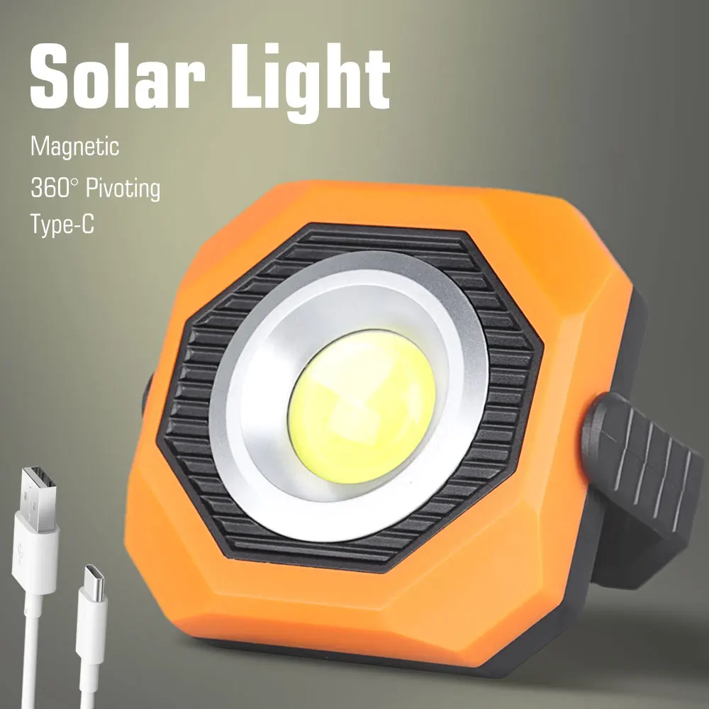 Portable Type-C USB Rechargeable Charging 360° Pivoting Adjustment Magnetic COB LED Solar Light for Camping Working Emergency