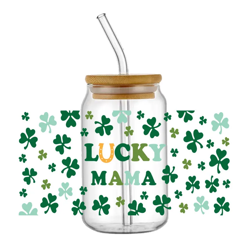 Shamrock Leopard ST patricks Day CAN Glass สำหรับห่อถ้วยขนาด16ออนซ์สติกเกอร์ลอกลายป้ายสั่งทำกันน้ำกาวในตัวโลโก้ DIY