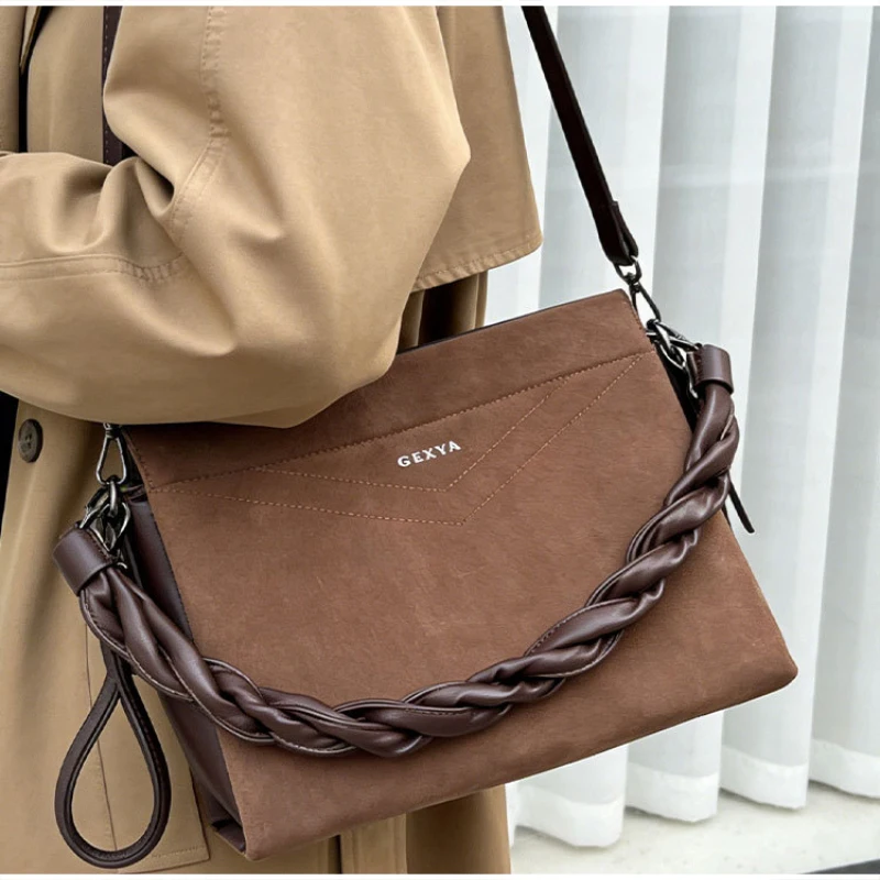 

Brand Frosted Leather Patchwork Bag Versatile Woven Carrying Handle Tote Bag Women Casual Shoulder Bag Inner Compartment Purse