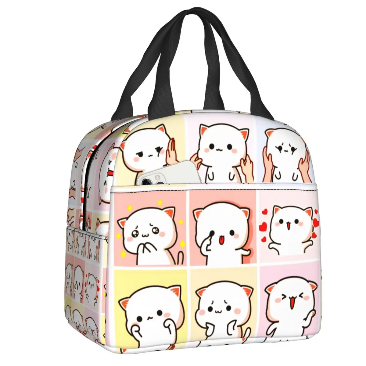 Mochi Cat Peach e Goma Meme Lunch Bag para Mulheres, Refrigerador Térmico, Caixa Isolada para Trabalho, Escritório, Viagem, Piquenique Food Bags, Desenhos Animados