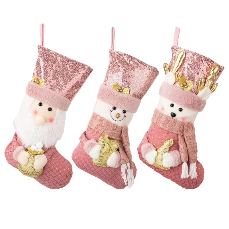 

Festival Sequins Embellished Christmas Stocking Plush Pink Sequins Christmas Stocking Decors for Family Gaththerings