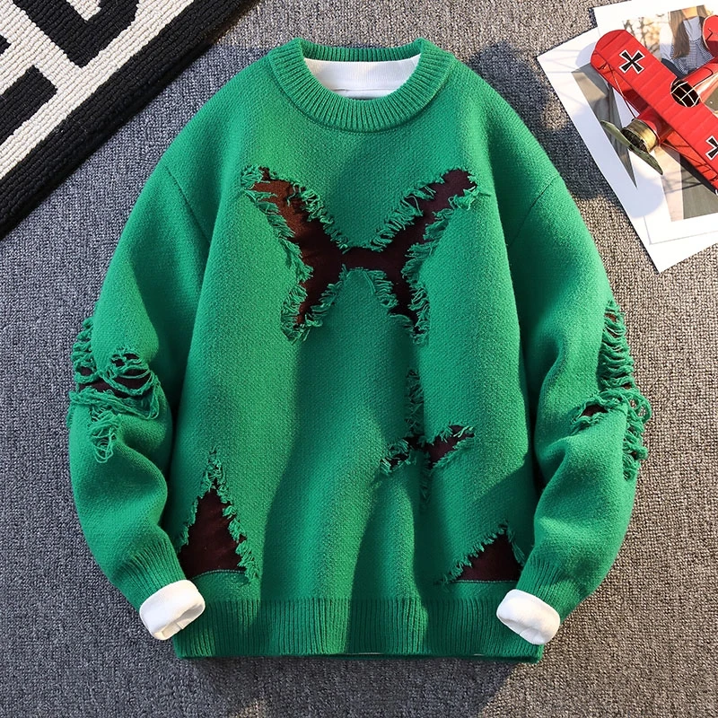 Ripped Sweater Hip-hop Street Men's Crew Neck Knit Vintage Harajuku Butterfly Fashionable Sweater Winter Long Sleeve Sweaters