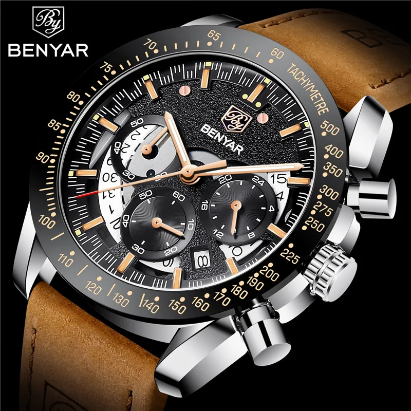 BENYAR Watch Men Sport Quartz Male Chronograph Calendar Top Brand Luxury Clock Genuine Leather Military Business Wristwatch 5120
