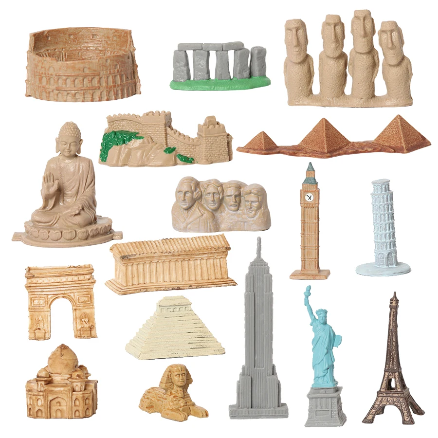 Conjunto de estatuetas de construção mundialmente famosas, monumentos, torre eiffel, esfinge, estátua de liberté, pirâmide, figura de ação, presentes para crianças, brinquedos, jogos