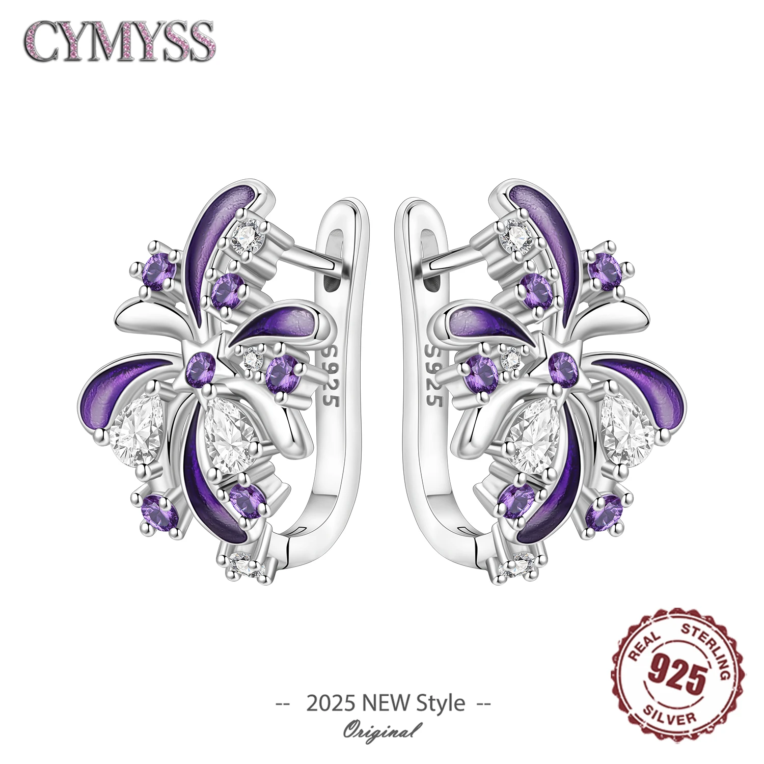 

Holiday Celebration Original 925 Sterling Silver Zircon Lucky Purple Firework Hoop Earrings Women Fashion Jewelry Party Gifts