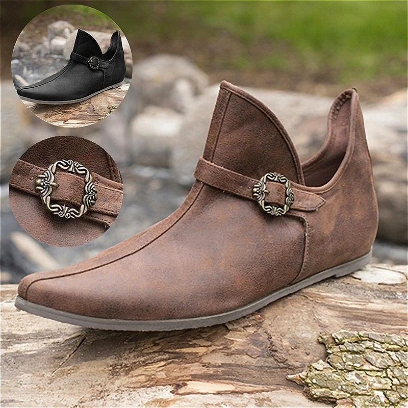 Renaissance Medieval Men's Viking Knight Prince Shoes Vintage Brown Buckle Leather Boots Short Flat Shoes Cosplay Pirate Costume