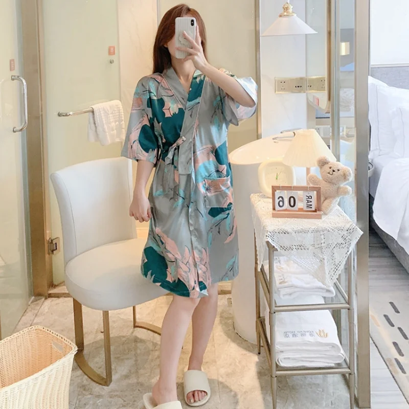 New Ladies Silk Pyjamas Homewear Female Summer Bathrobe Ice Silk Clothing Robe Nightgowns Light Luxury In Short-Sleeved Homewear