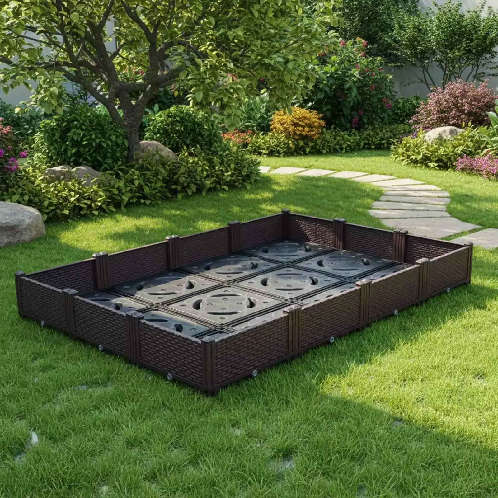 Rectangular Raised Garden Planter with Built in Water Tray for Balcony Patio Indoor Outdoor Plants
