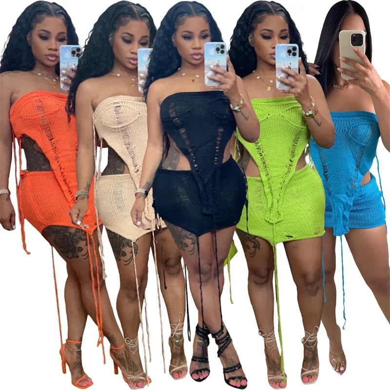 Sexy Knitted Hole Two Piece Set for Women Summer Holiday Beach Outfits Irregular Strapless Top and Mini Skirt Matching Sets Chic