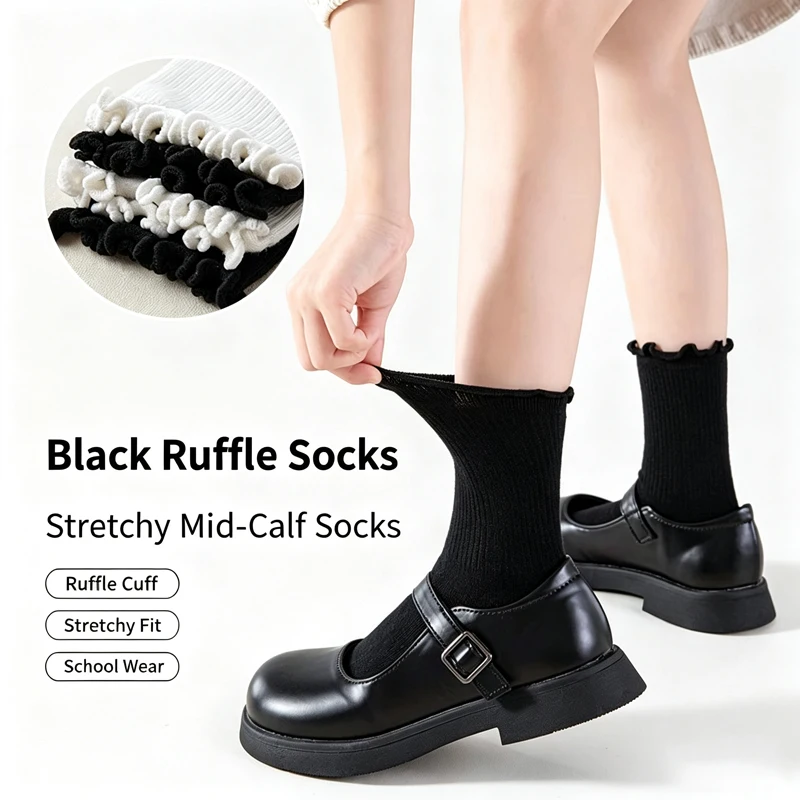 4 Pairs Kids Ruffle Mid-Calf Socks, Flat Knit Stretchy Soft Socks, All-Season Daily Wear Socks for Girls