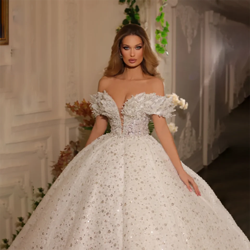 Customized Gorgeous Sequin Ruffles Off Shoulder Sweetheart Ball Gown Wedding Dresses 2024 Backless Court Train Tulle Bridal Gown