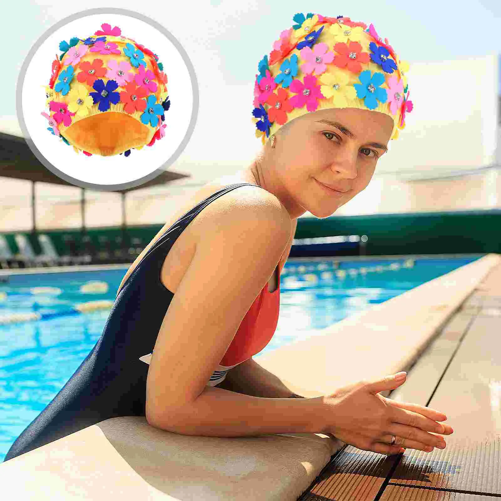 

Simulation Flower Petal Shower Cap Rhinestone Bath Hat for Toddlers Women Swimming Caps Nylon Floral Design Ladies Bathing